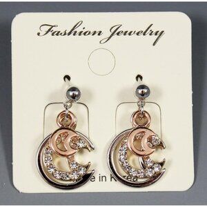 White Gold Plated Crystal Moon Pierced Earrings 3/4 inch NEW